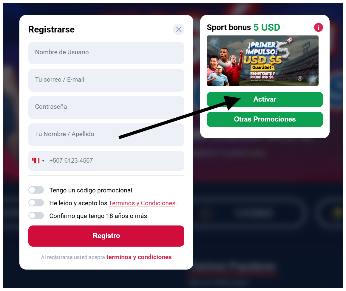 Ejemplo de activación del bono en el registro